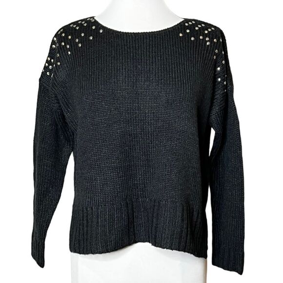 Elan studded Shoulder Chunky Side Split Hem Chunky Sweater Black - Picture 1 of 7